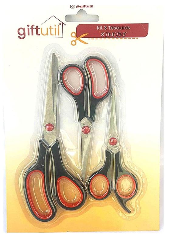 Kit 3 Tesouras, 20,5cm/14cm/14cm, Cabo Ergonômico, Preto e Vermelho