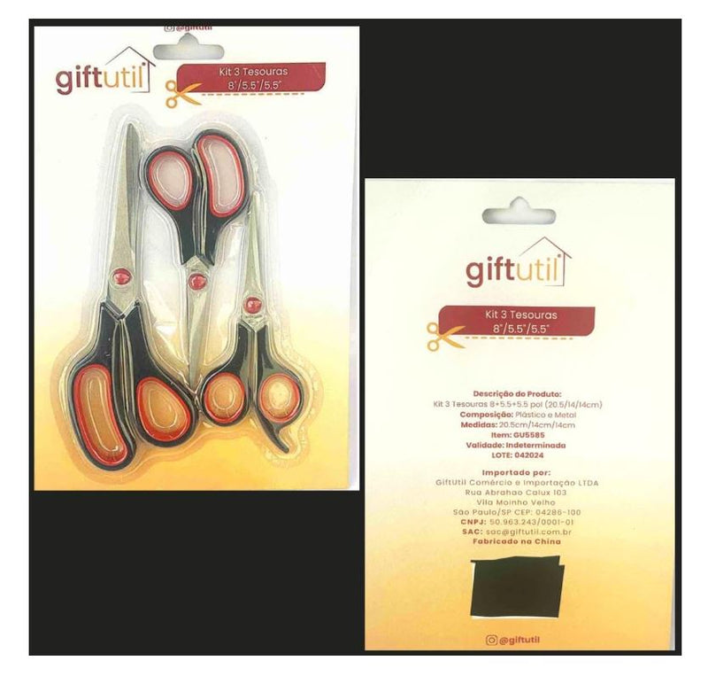 Kit 3 Tesouras, 20,5cm/14cm/14cm, Cabo Ergonômico, Preto e Vermelho