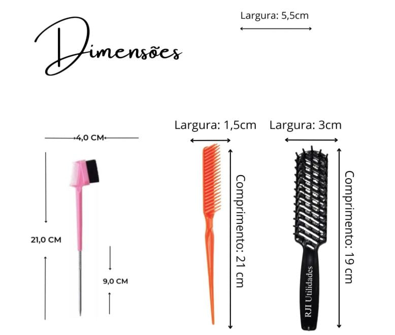 Kit Baby Hair 3 em 1 Ponta Fina Cabo Aço + Pente 3 Fileiras Fitagem + Escova Cabelo Raquete Vazada