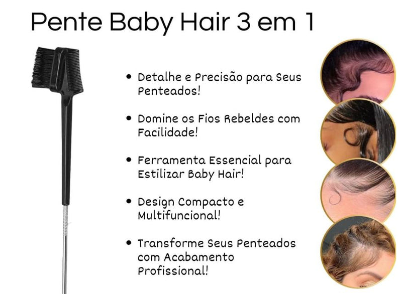 Kit Baby Hair 3 em 1 Ponta Fina Cabo Aço + Pente 3 Fileiras Fitagem + Escova Cabelo Raquete Vazada